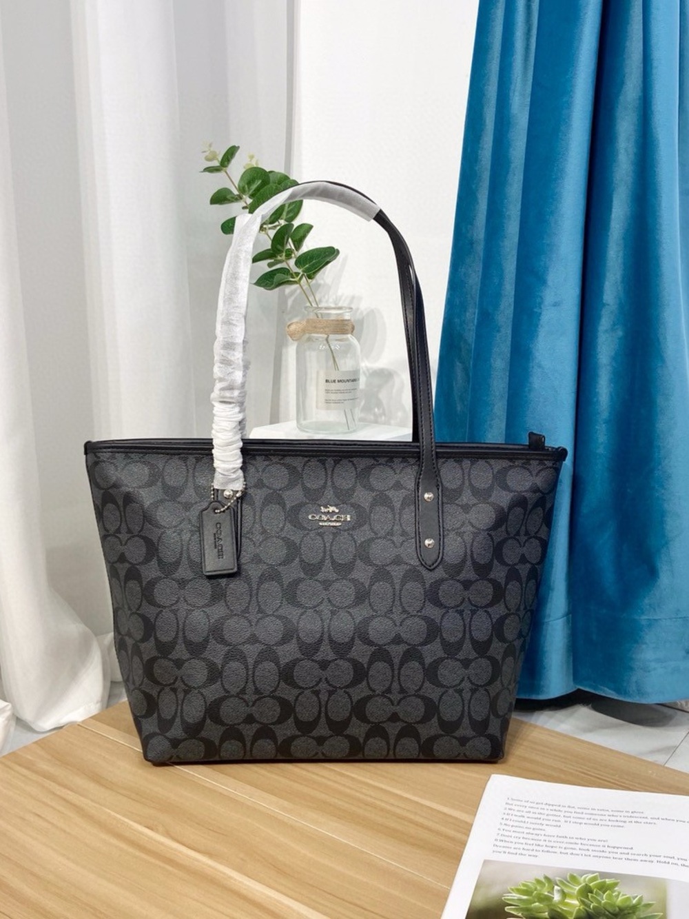 Coach Black Signature Canvas Tote with Leather Trim